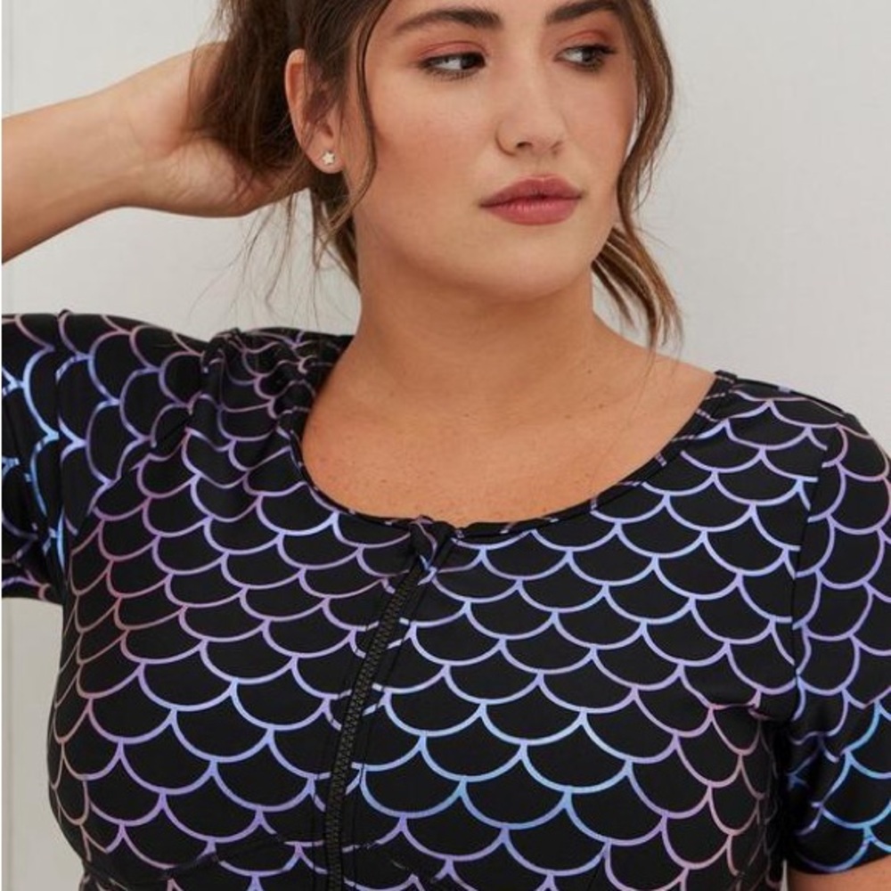 torrid Black Swim Top with Iridescent Purple & Blue Scale Print